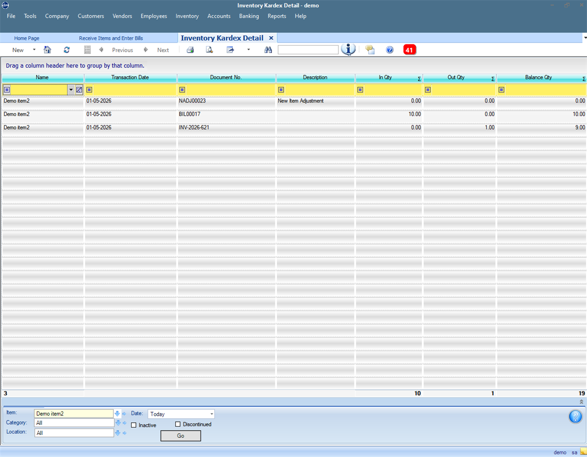 QBM inventory Kardex report screen with demo stock transaction values