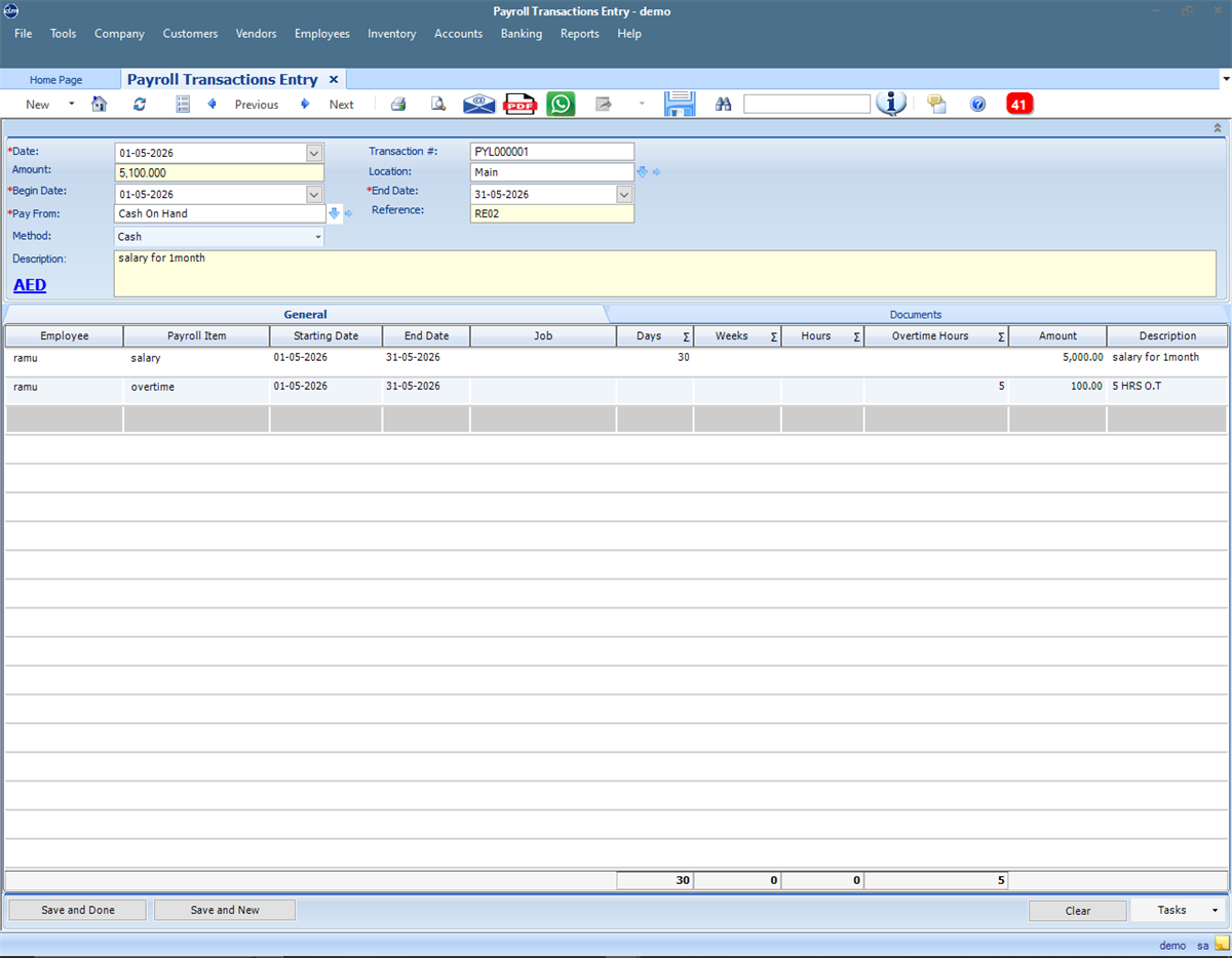 QBM payroll entry screen with demo employee payroll information