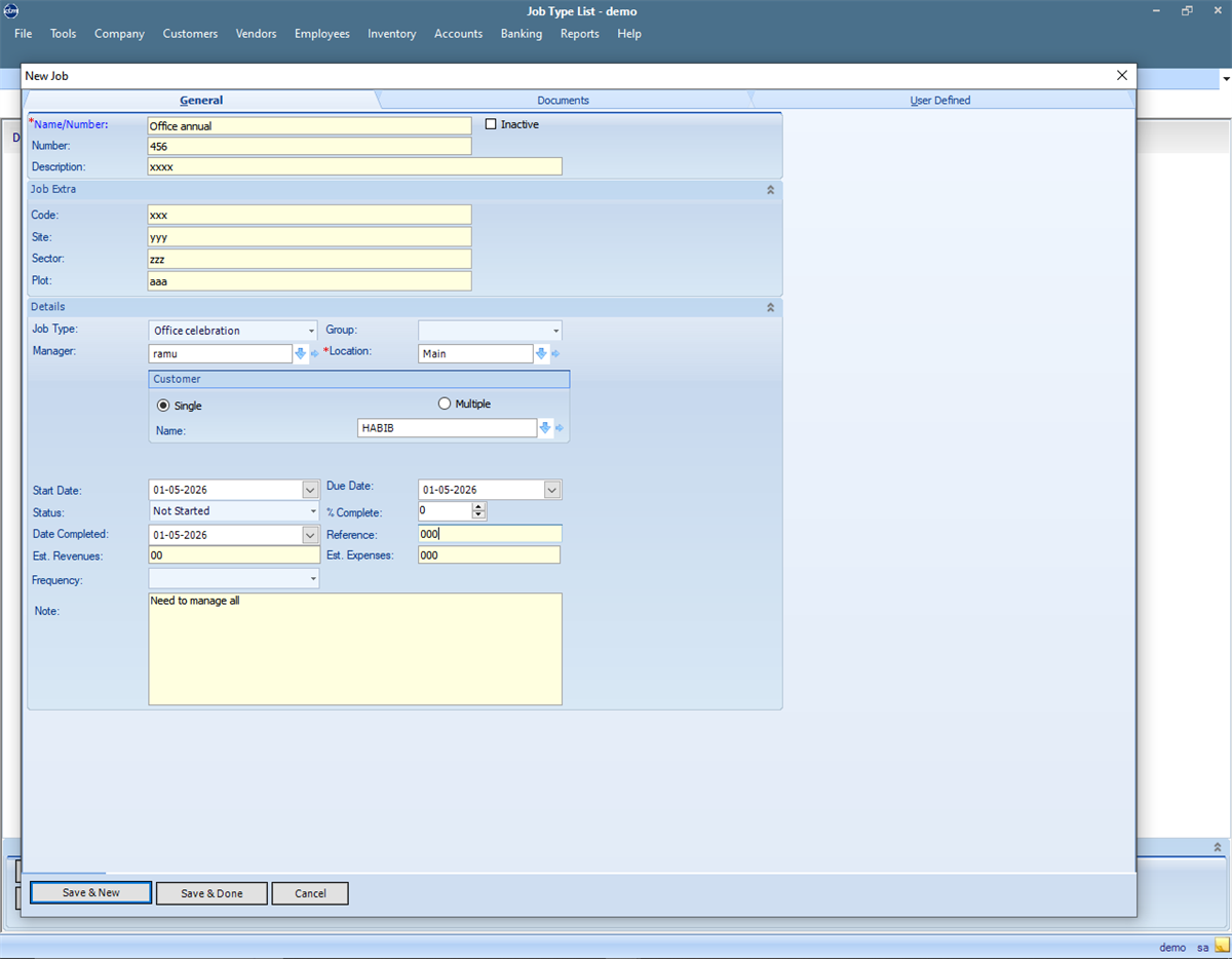 QBM project management screen with demo project fields
