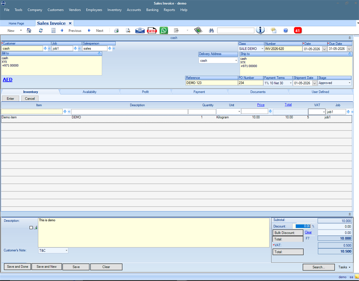 QBM sales invoice screen with demo customer and transaction data